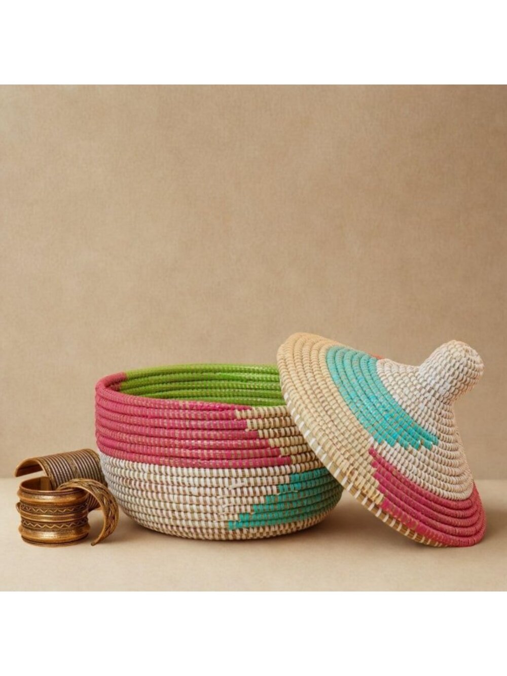 Colorful African Woven Lidded Basket | Decorative Storage | 10" Wide, Unique